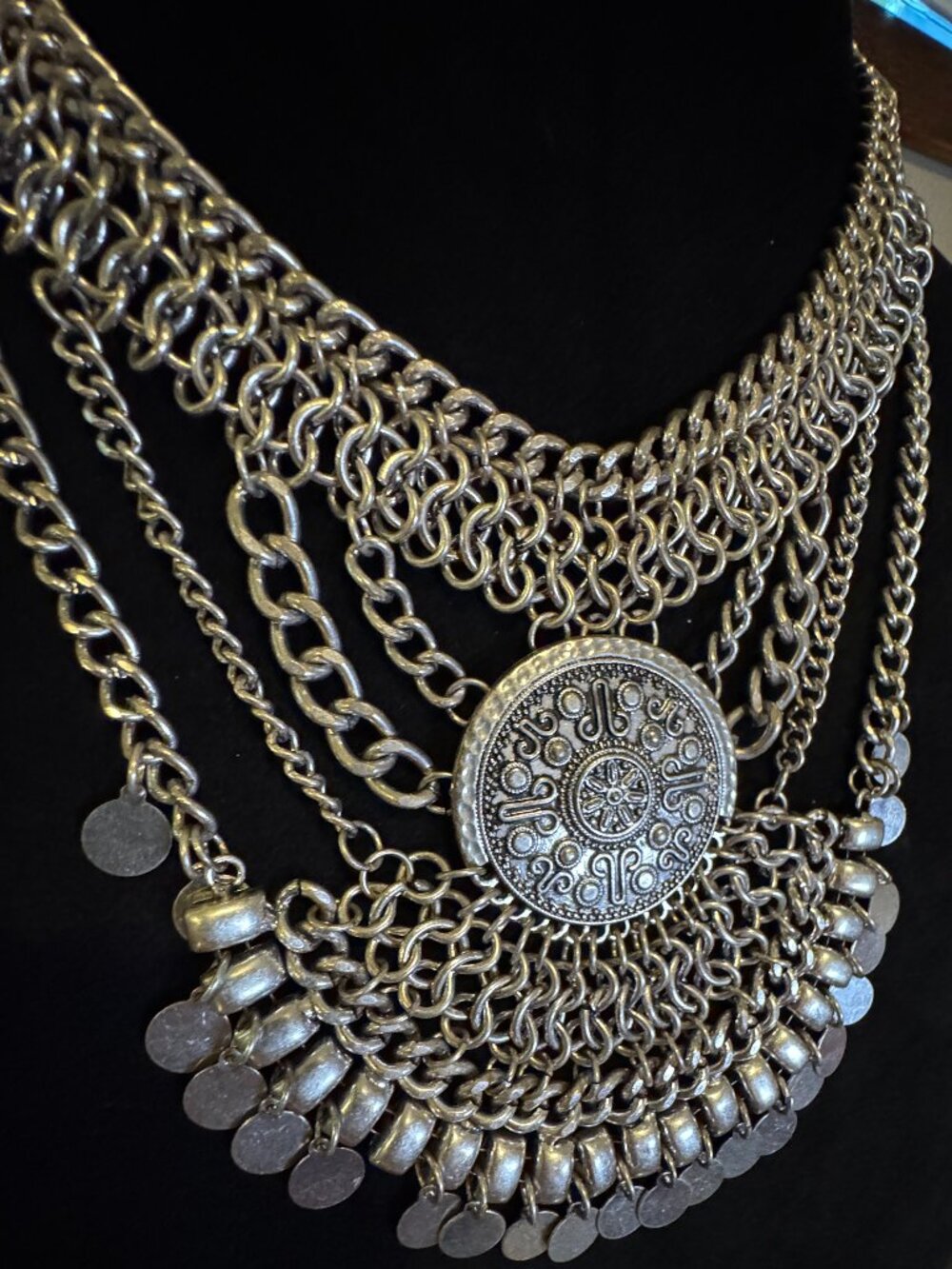 Boho Layered Statement Necklace – Silver Tone Coin & Chain Bib Necklace – Adjust - Picture 3 of 7